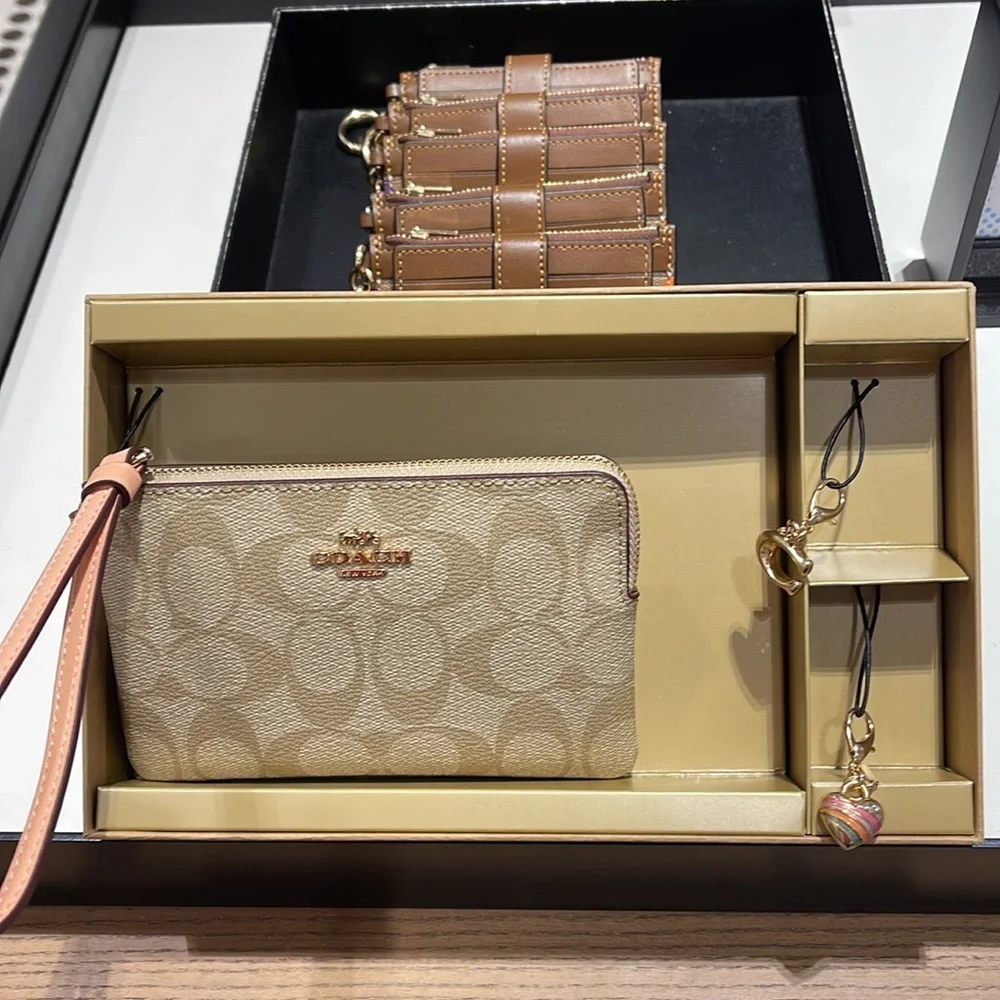 Coach Boxed Corner Zip Wristlet In Signature Canvas Gold/Light Khaki/Faded Blush